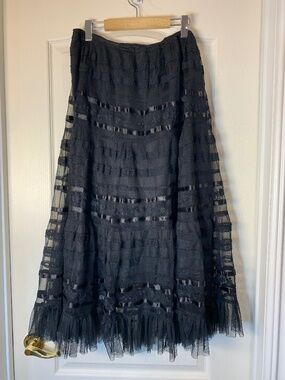 Black Romantic Goth Ribbon & Tulle Maxi Skirt, Approx. L, 35" Waist WhimsyGoth